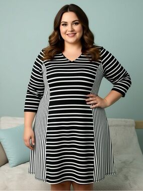Lane Bryant Black White Striped VNeck ALine Dress Plus Size 22/24 Back Tie Up